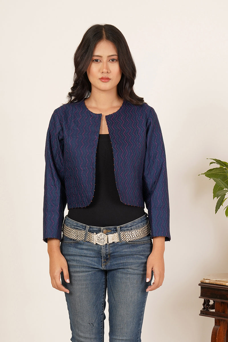 BLUE KANTHA CROP JACKET