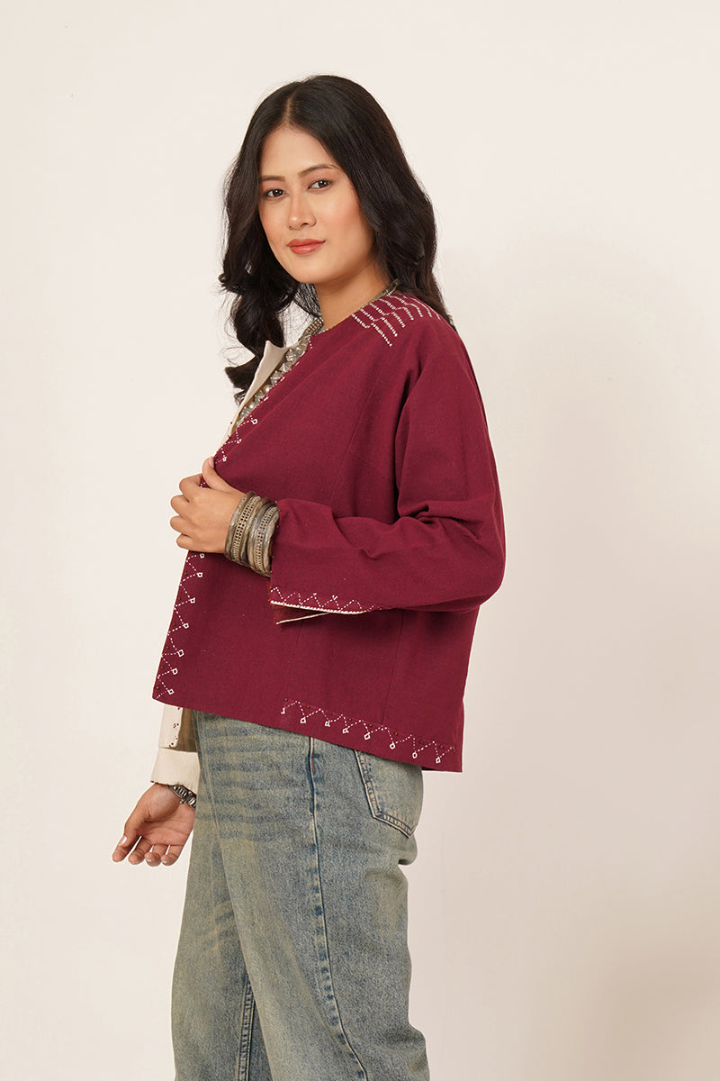 WHITE MAROON BHUJODI SHORT JACKET