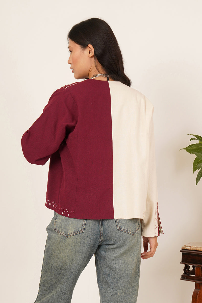 WHITE MAROON BHUJODI SHORT JACKET
