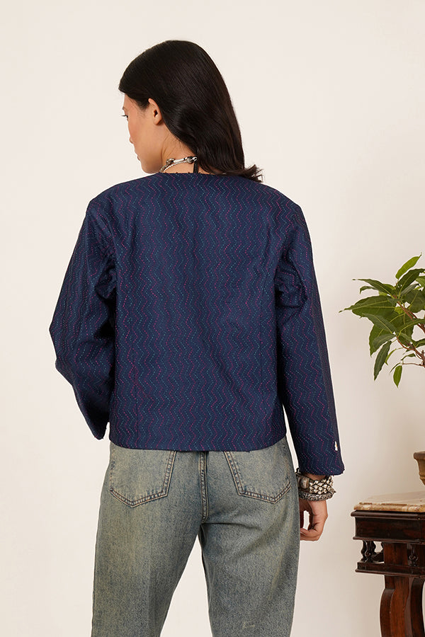 BLUE KANTHA IKKAT SHORT JACKET