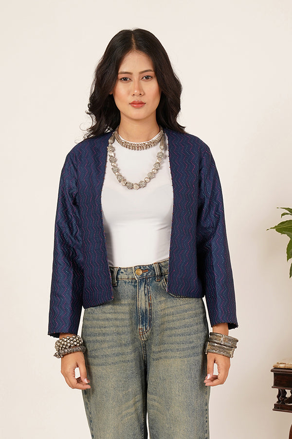 BLUE KANTHA IKKAT SHORT JACKET