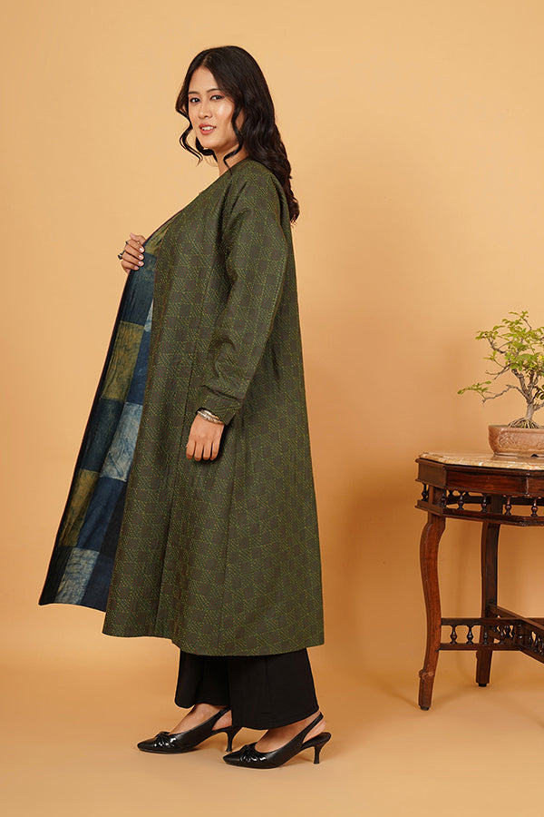 GREEN KANTHA AJRAK LONG JACKET