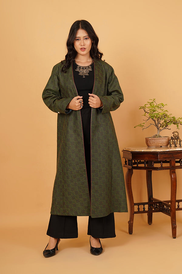 GREEN KANTHA AJRAK LONG JACKET