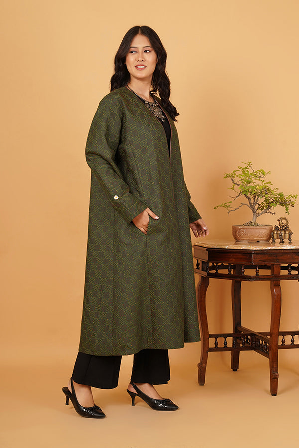 GREEN KANTHA AJRAK LONG JACKET