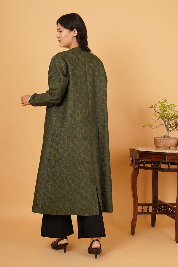 GREEN KANTHA AJRAK LONG JACKET