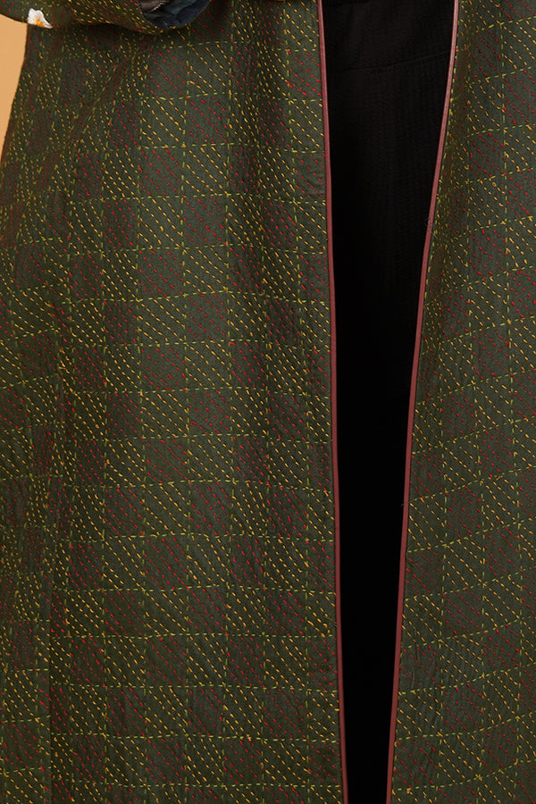 GREEN KANTHA AJRAK LONG JACKET