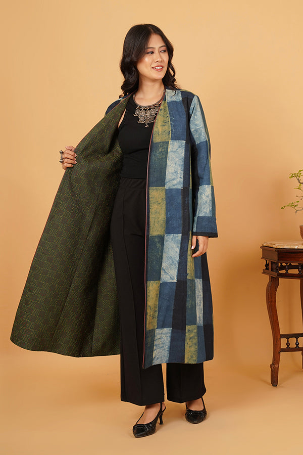 GREEN KANTHA AJRAK LONG JACKET