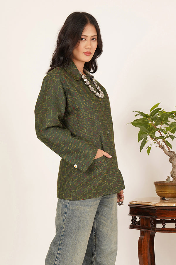 GREEN KANTHA IKKAT SHORT JACKET