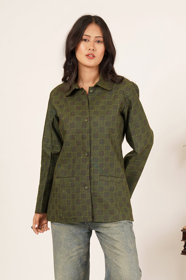 GREEN KANTHA IKKAT SHORT JACKET