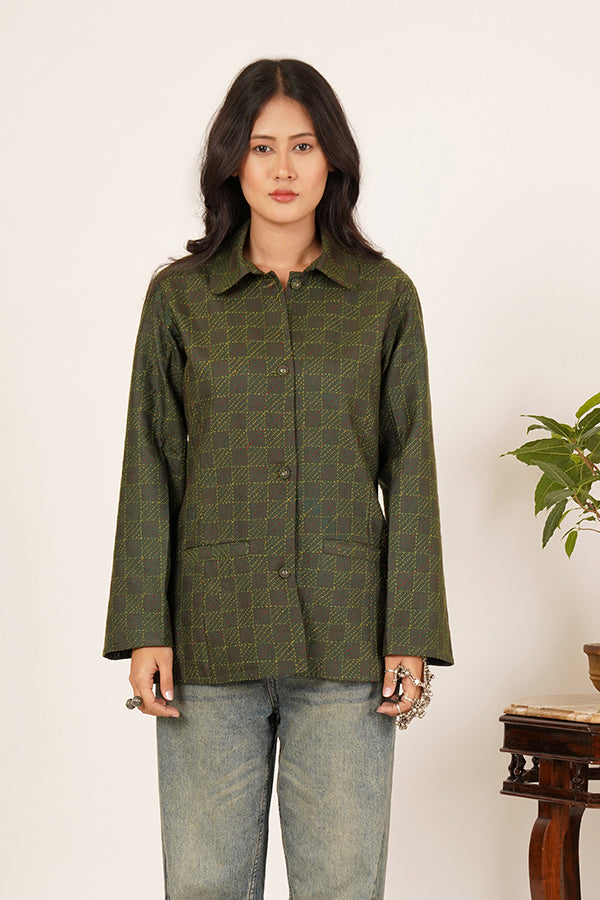 GREEN KANTHA IKKAT SHORT JACKET