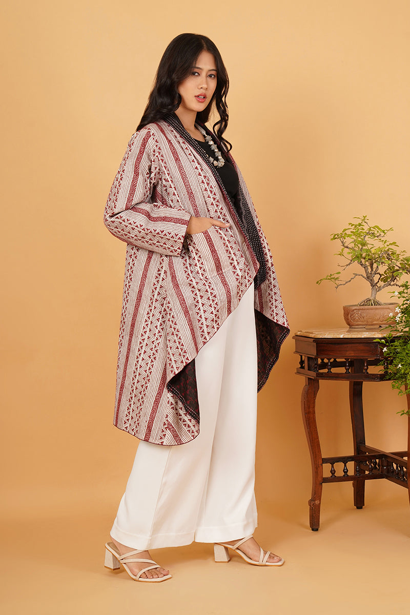 Red White Kantha Red Black Chanderi Overlay