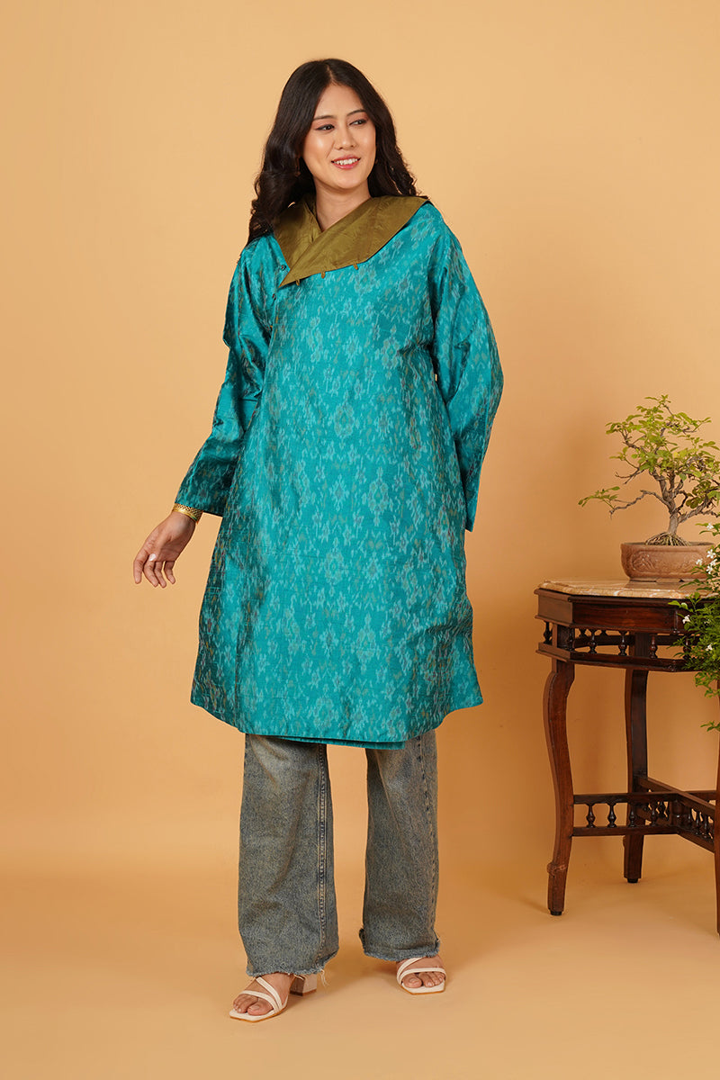 AQUA RAWSILK IKAT BLUE SILK FLARE OVERLAY