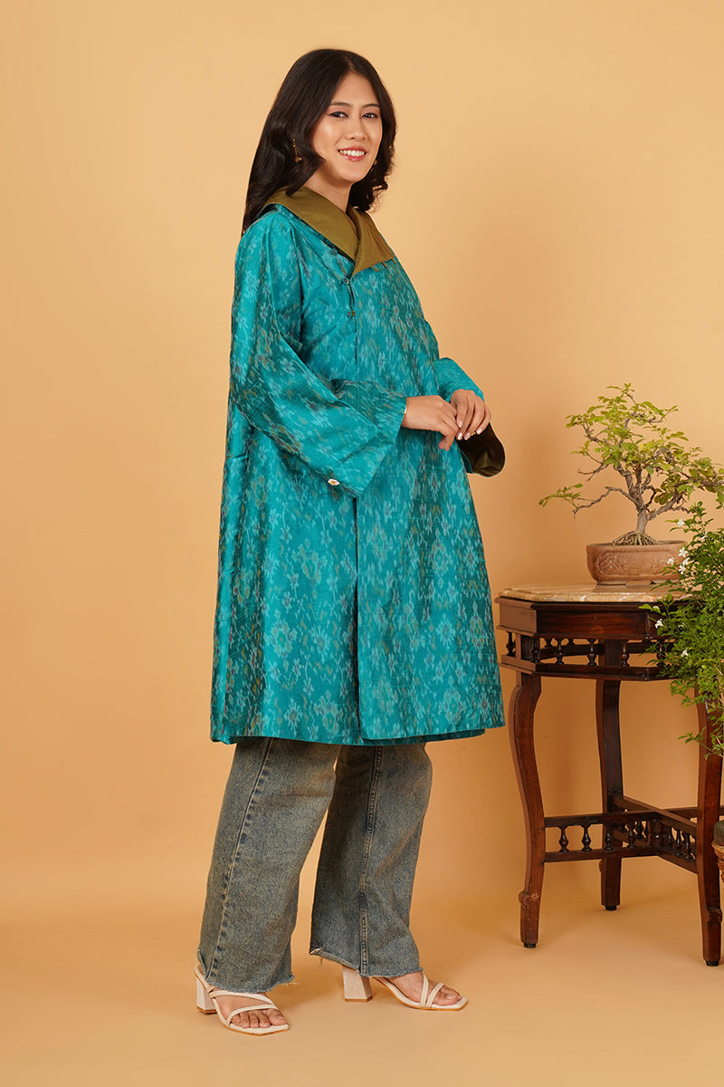 AQUA RAWSILK IKAT BLUE SILK FLARE OVERLAY