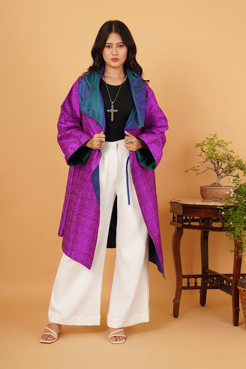 PURPLE RAWSILK IKAT BLUE SILK FLARE OVERLAY