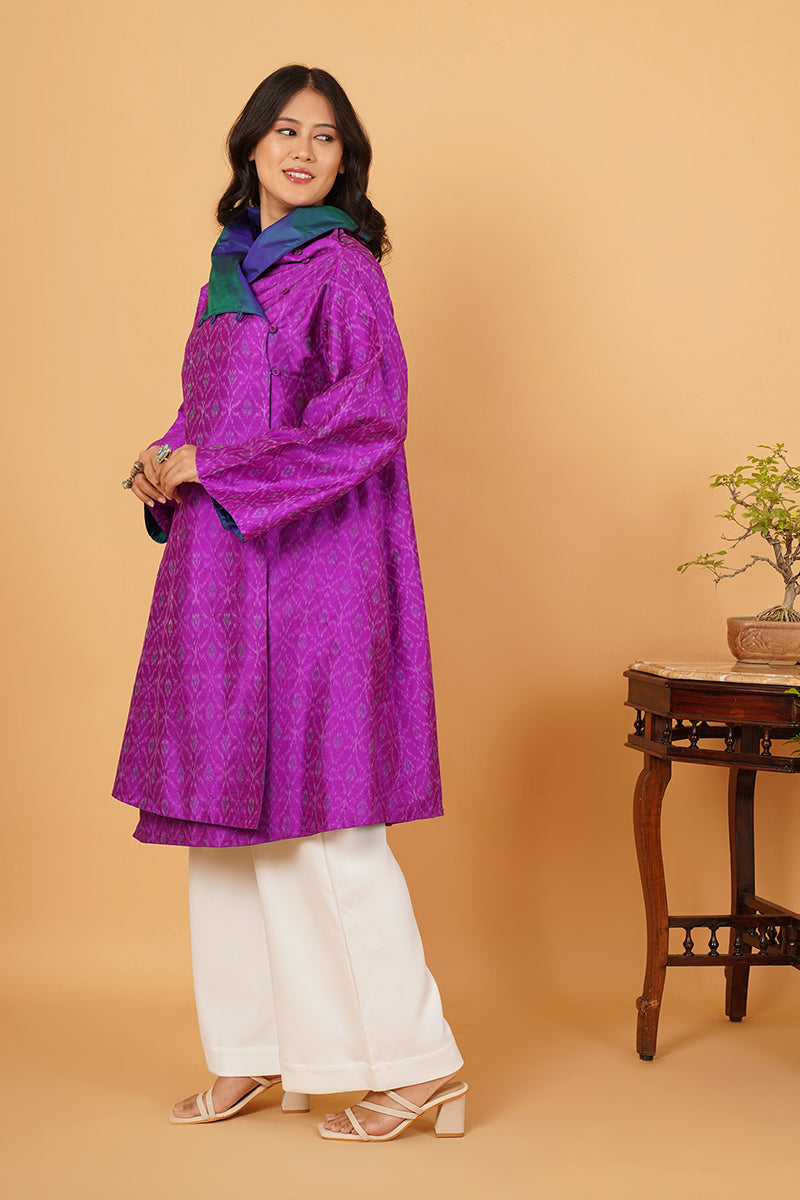 PURPLE RAWSILK IKAT BLUE SILK FLARE OVERLAY