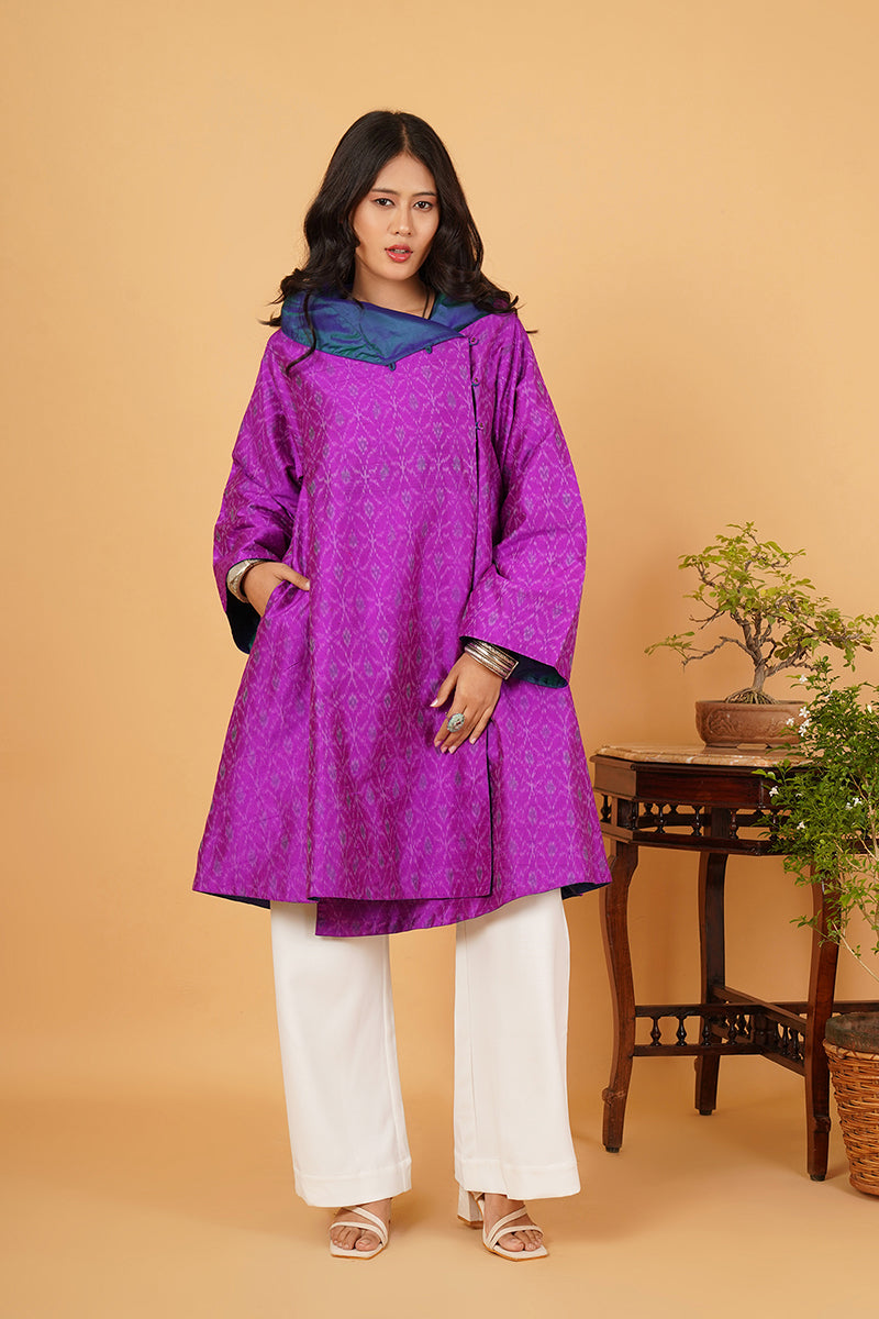 PURPLE RAWSILK IKAT BLUE SILK FLARE OVERLAY