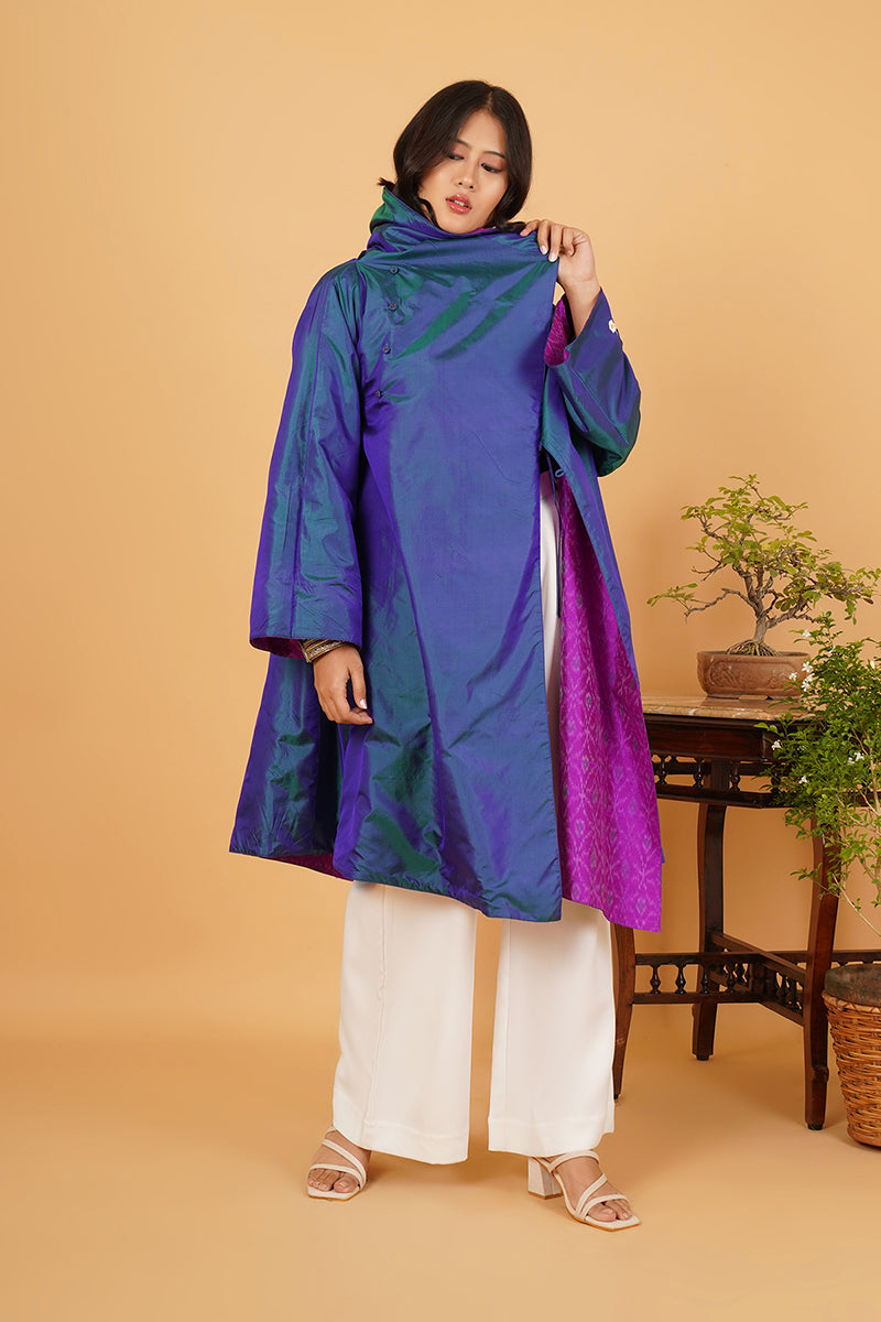 PURPLE RAWSILK IKAT BLUE SILK FLARE OVERLAY