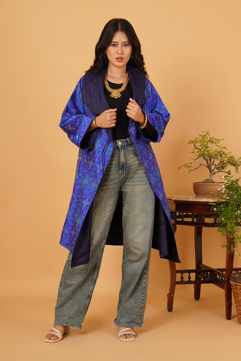 ROYAL BLUE RAWSILK IKAT FLARE OVERLAY