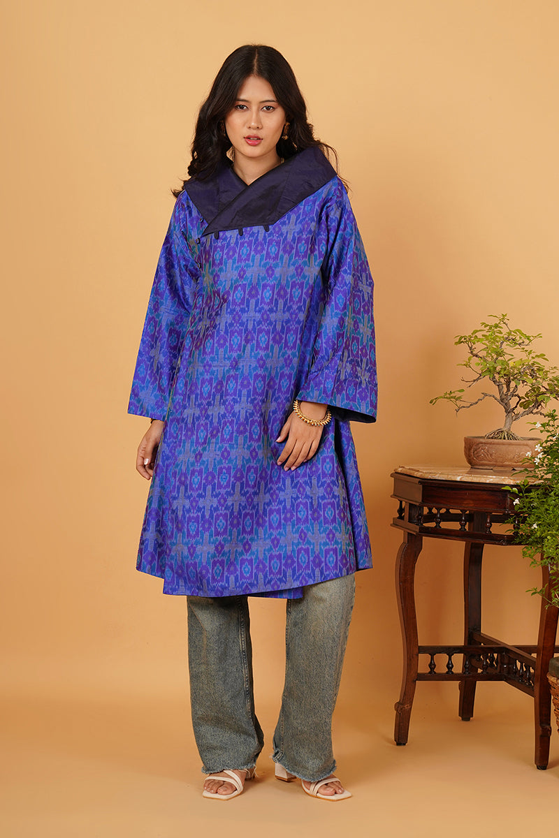 ROYAL BLUE RAWSILK IKAT FLARE OVERLAY
