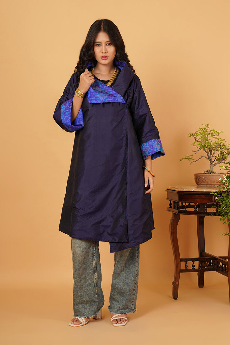 ROYAL BLUE RAWSILK IKAT FLARE OVERLAY