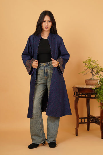 BLUE KANTHA TUSSAR LONG JACKET
