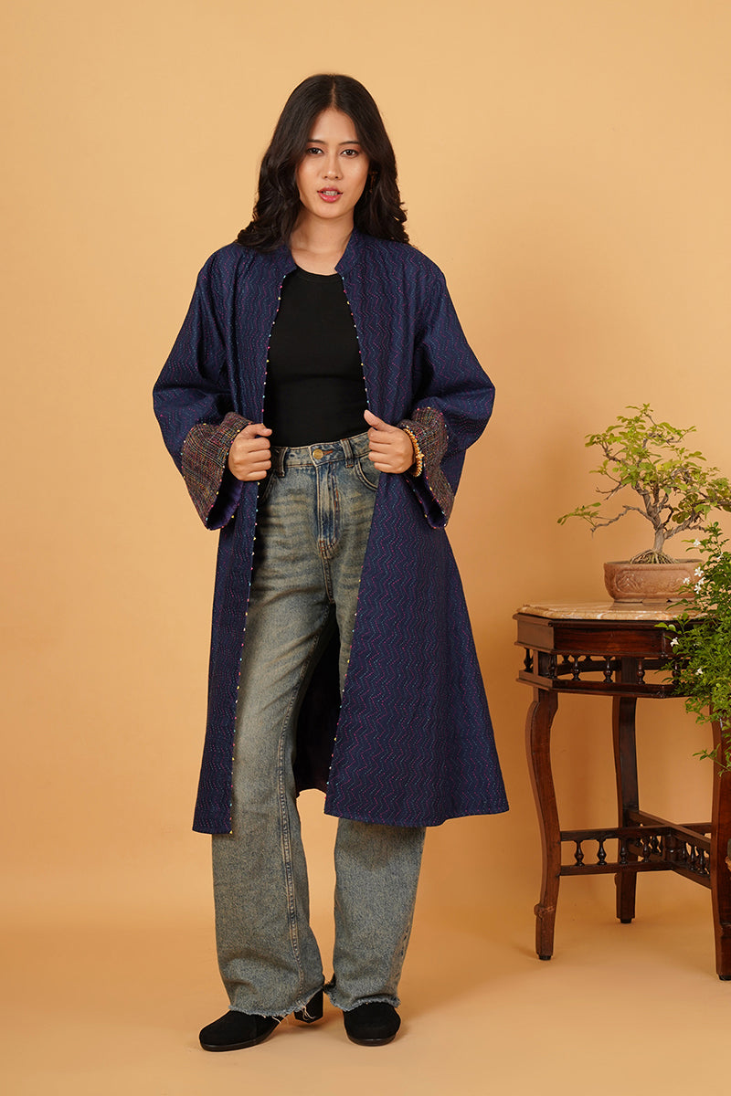 BLUE KANTHA TUSSAR LONG JACKET