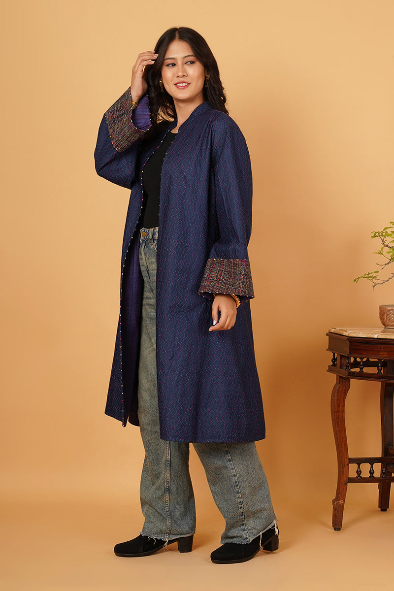 BLUE KANTHA TUSSAR LONG JACKET