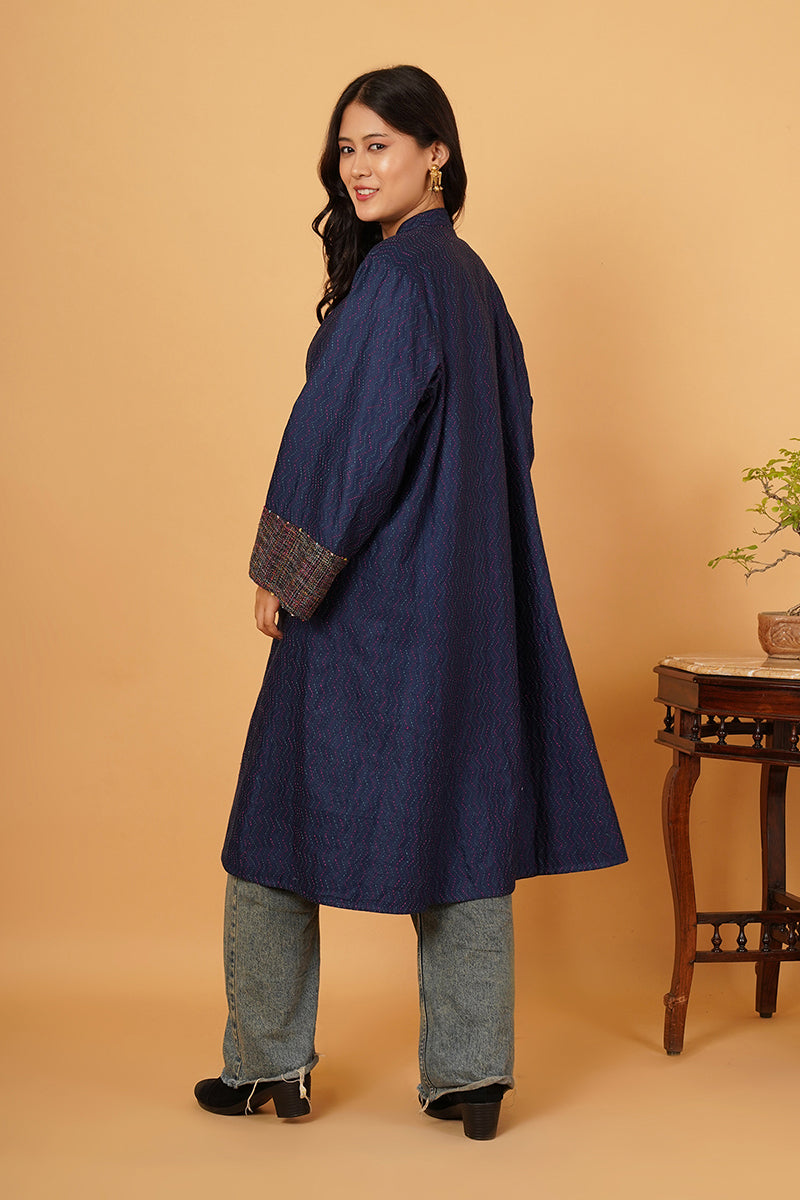BLUE KANTHA TUSSAR LONG JACKET
