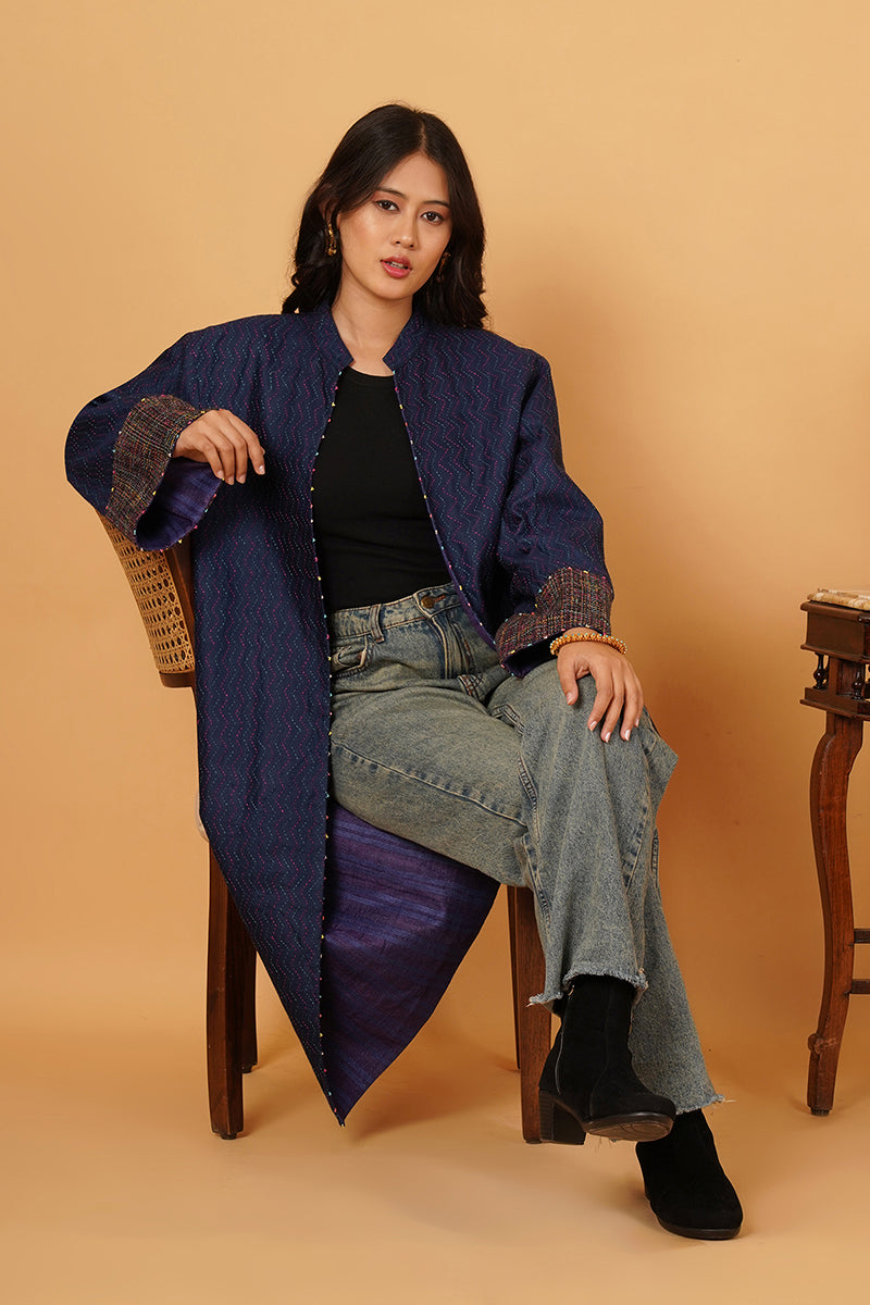 BLUE KANTHA TUSSAR LONG JACKET