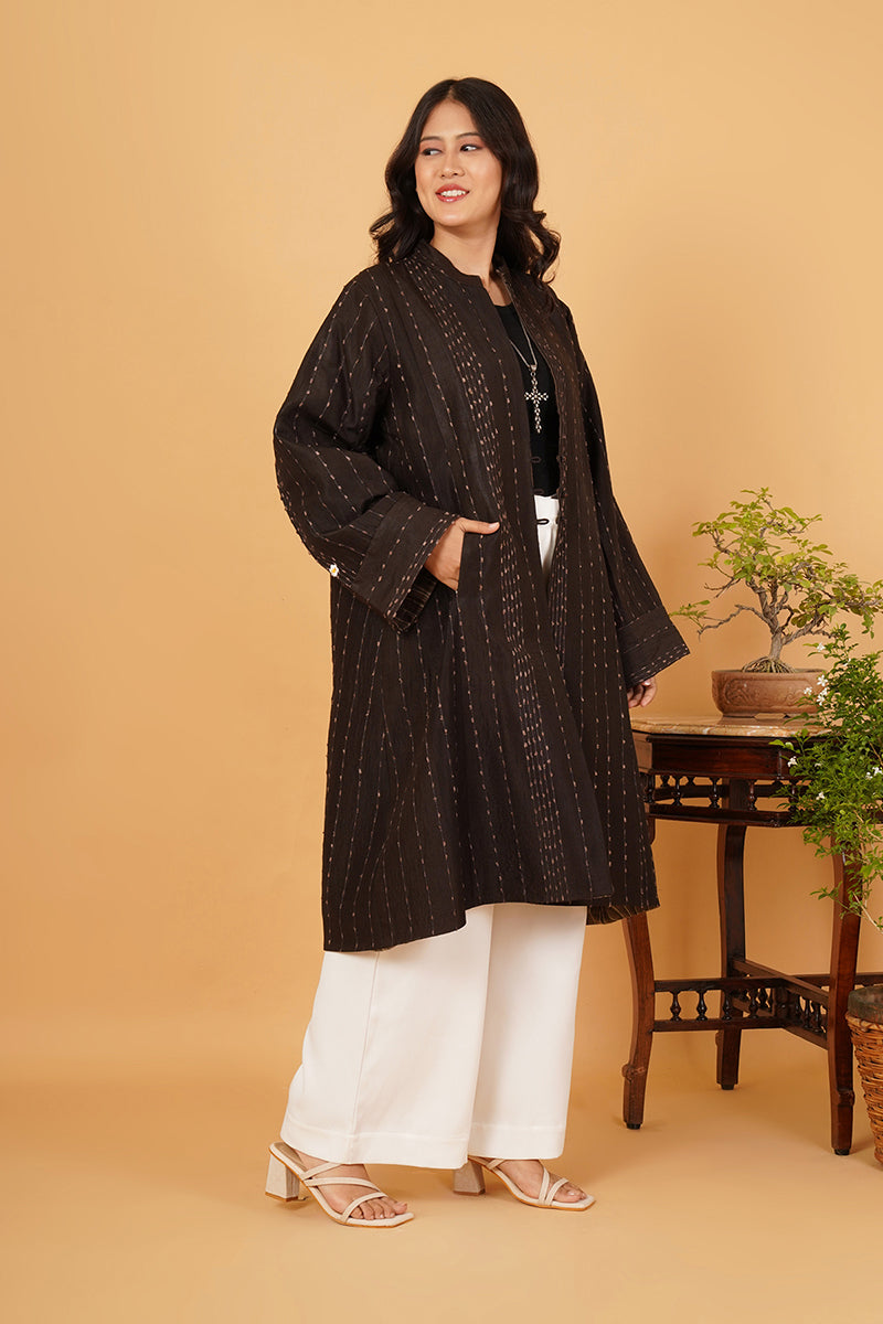 BLACK TUSSAR GREY WOOL LONG JACKET