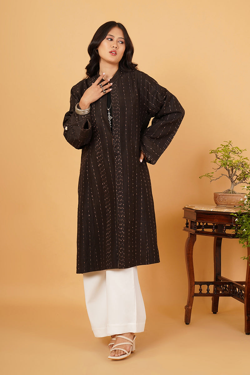 BLACK TUSSAR GREY WOOL LONG JACKET