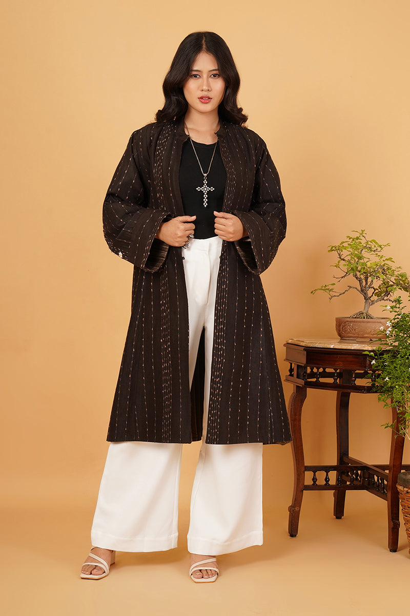 BLACK TUSSAR GREY WOOL LONG JACKET