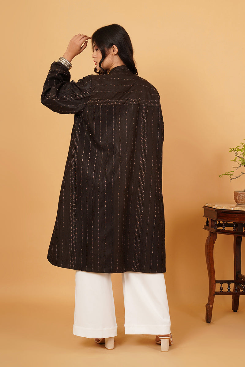 BLACK TUSSAR GREY WOOL LONG JACKET