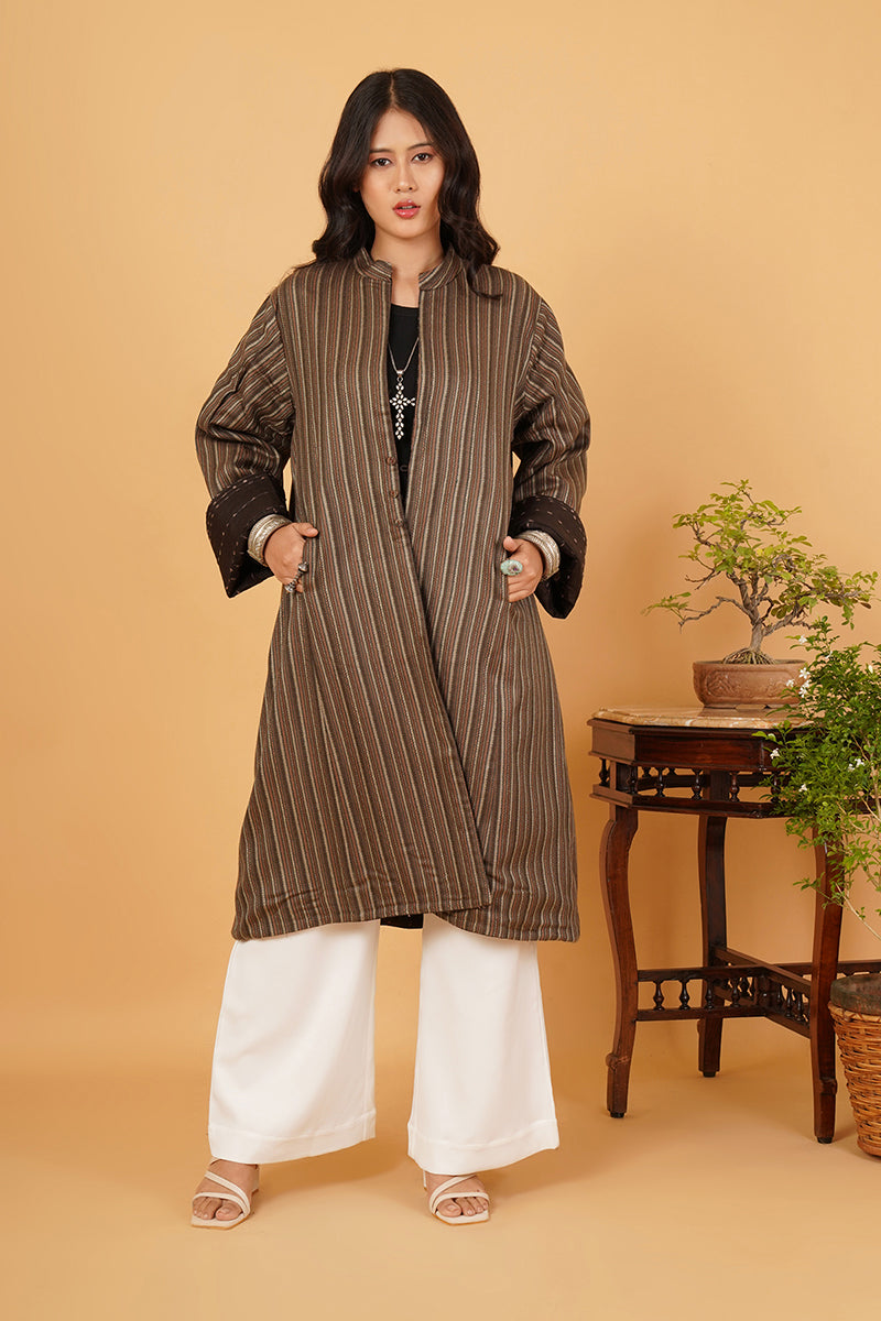 BLACK TUSSAR GREY WOOL LONG JACKET