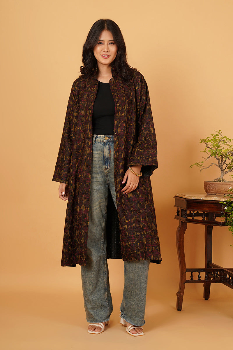 BROWN KANTHA TUSSAR SILK LONG JACKET