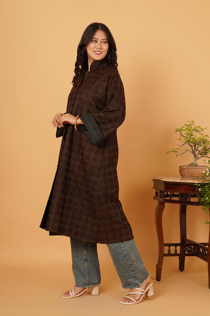 BROWN KANTHA TUSSAR SILK LONG JACKET