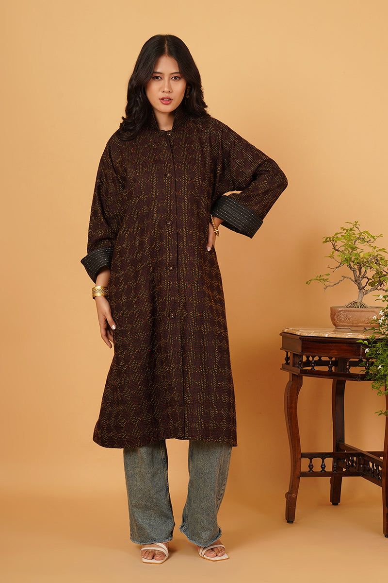 BROWN KANTHA TUSSAR SILK LONG JACKET