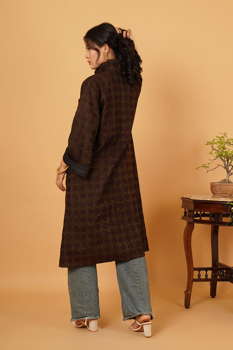 BROWN KANTHA TUSSAR SILK LONG JACKET
