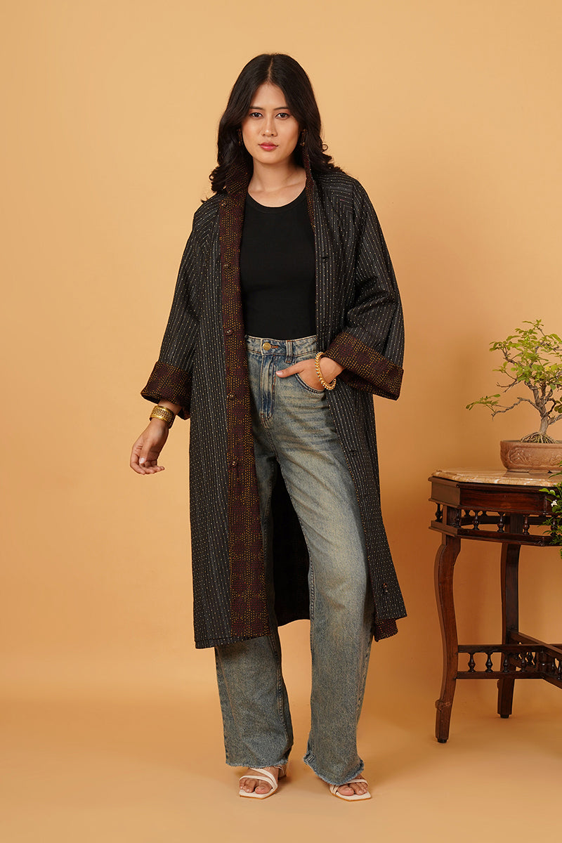 BROWN KANTHA TUSSAR SILK LONG JACKET