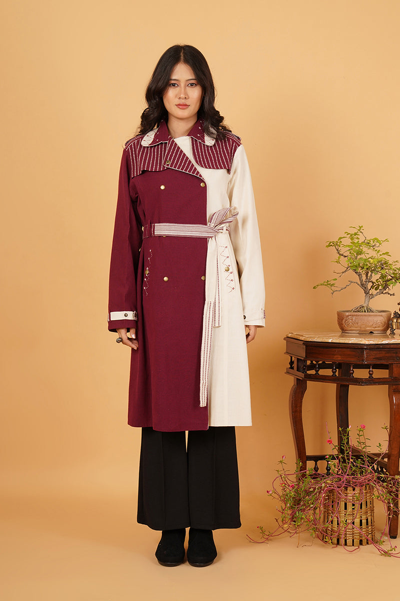 WHITE MAROON BHUJODI TRENCH JACKET