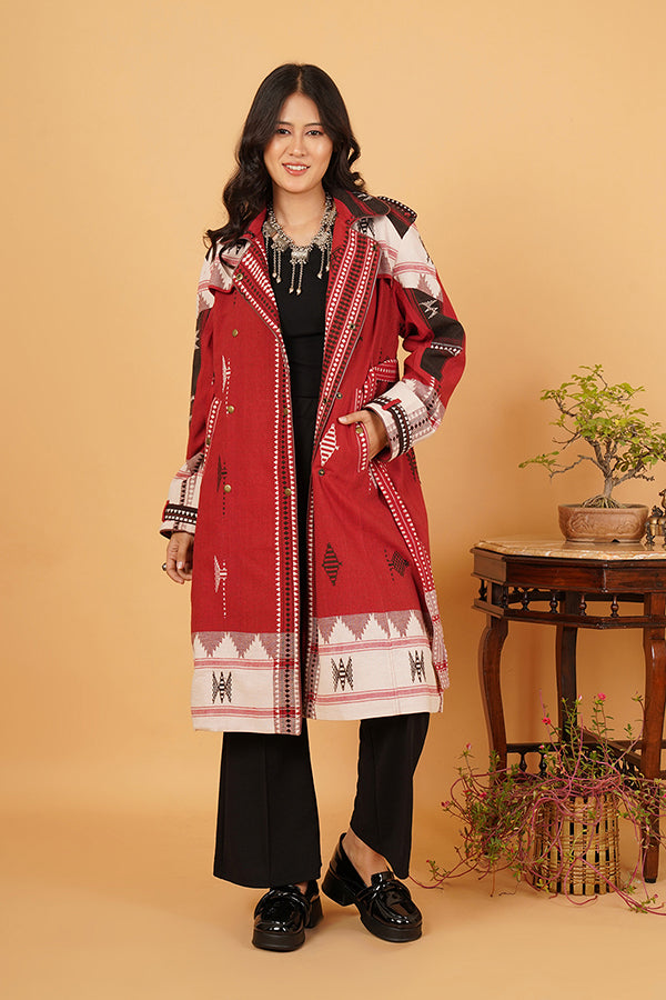 MAROON WHITE KOTPAD TRENCH JACKET