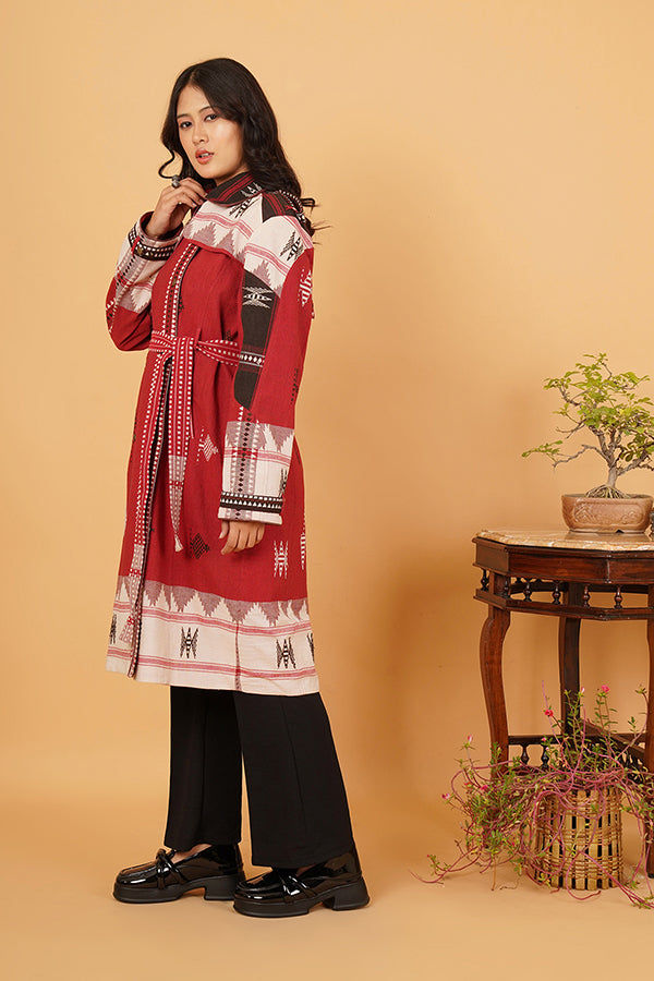 MAROON WHITE KOTPAD TRENCH JACKET