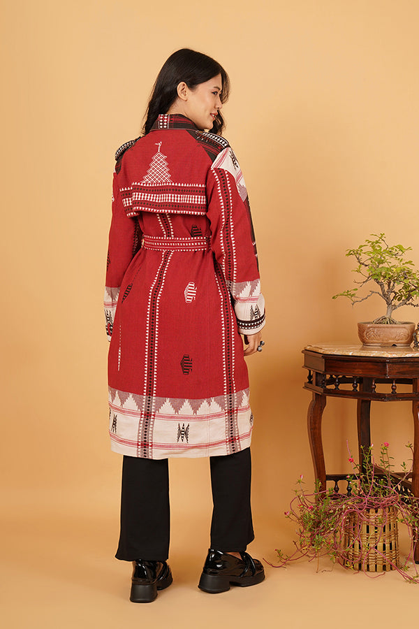 MAROON WHITE KOTPAD TRENCH JACKET