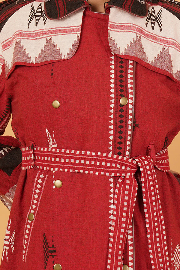 MAROON WHITE KOTPAD TRENCH JACKET