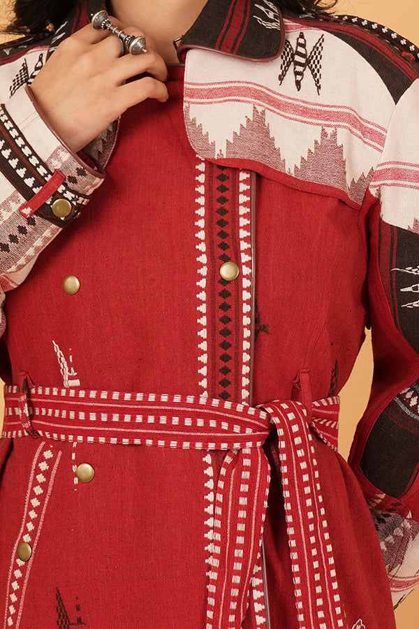 MAROON WHITE KOTPAD TRENCH JACKET
