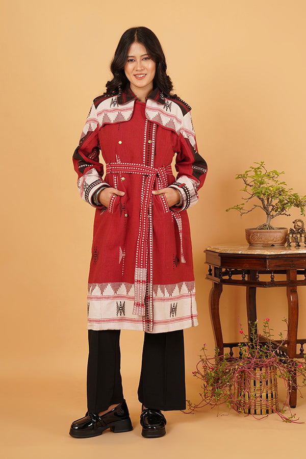 MAROON WHITE KOTPAD TRENCH JACKET
