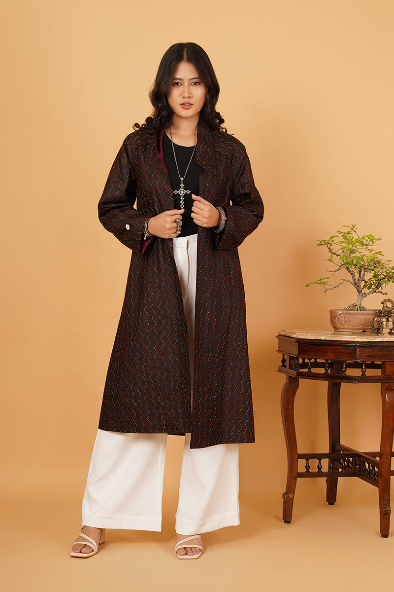 BROWN KANTHA MAROON SILK LONG JACKET