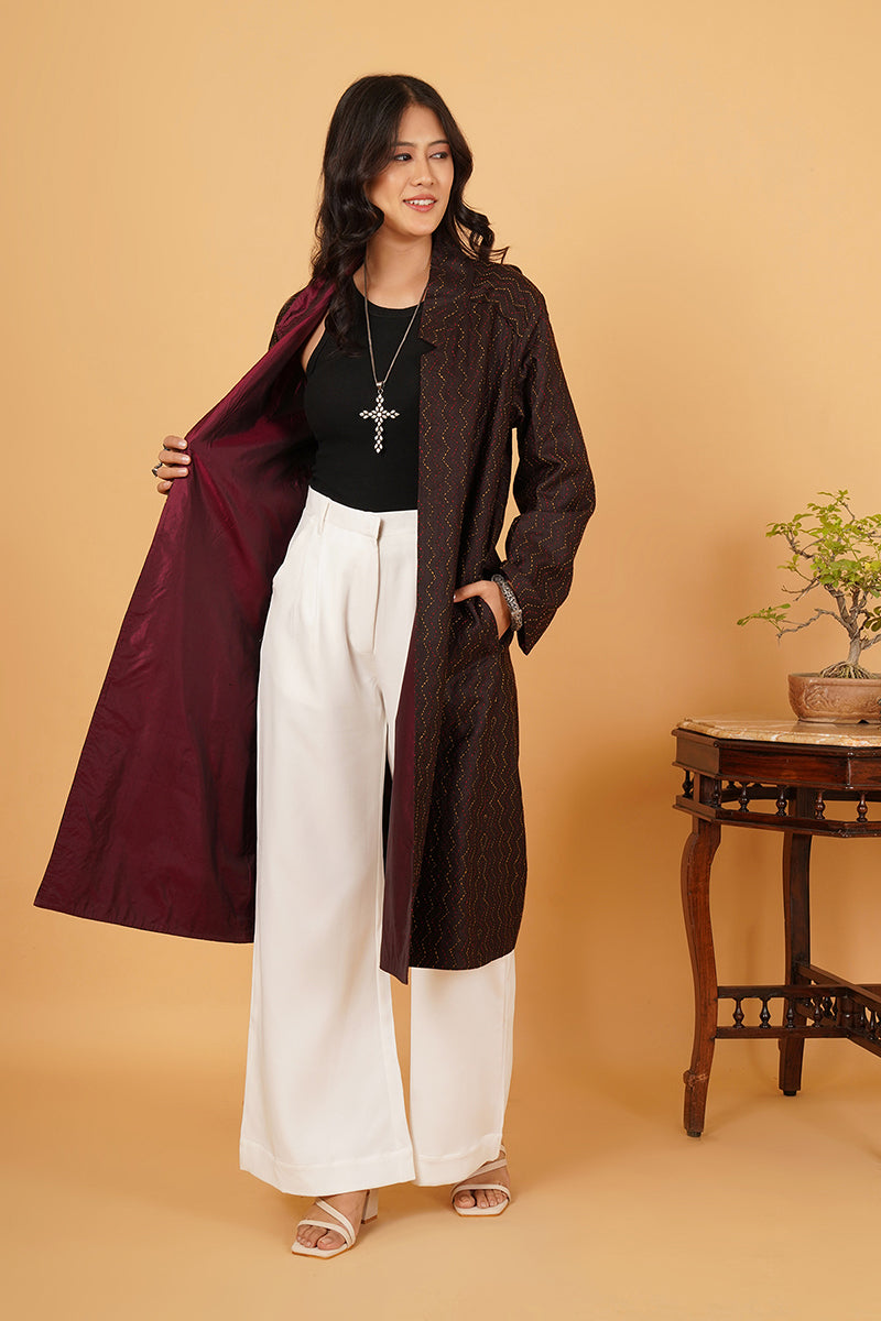BROWN KANTHA MAROON SILK LONG JACKET