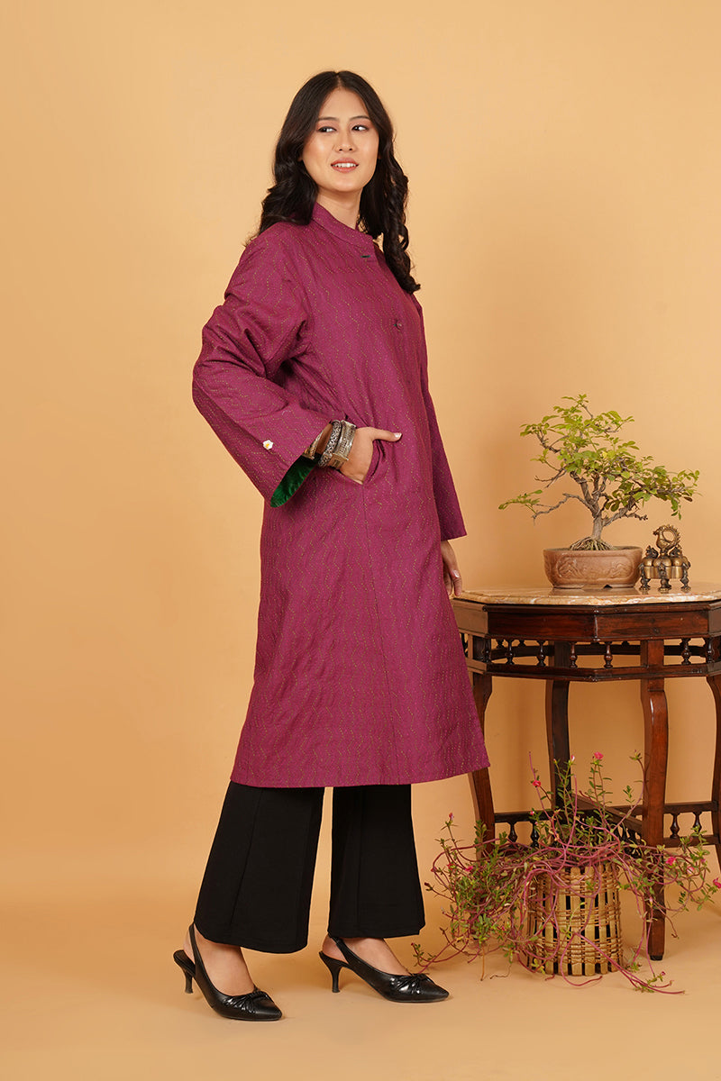 PINK GREEN KANTHA SILK LONG JACKET