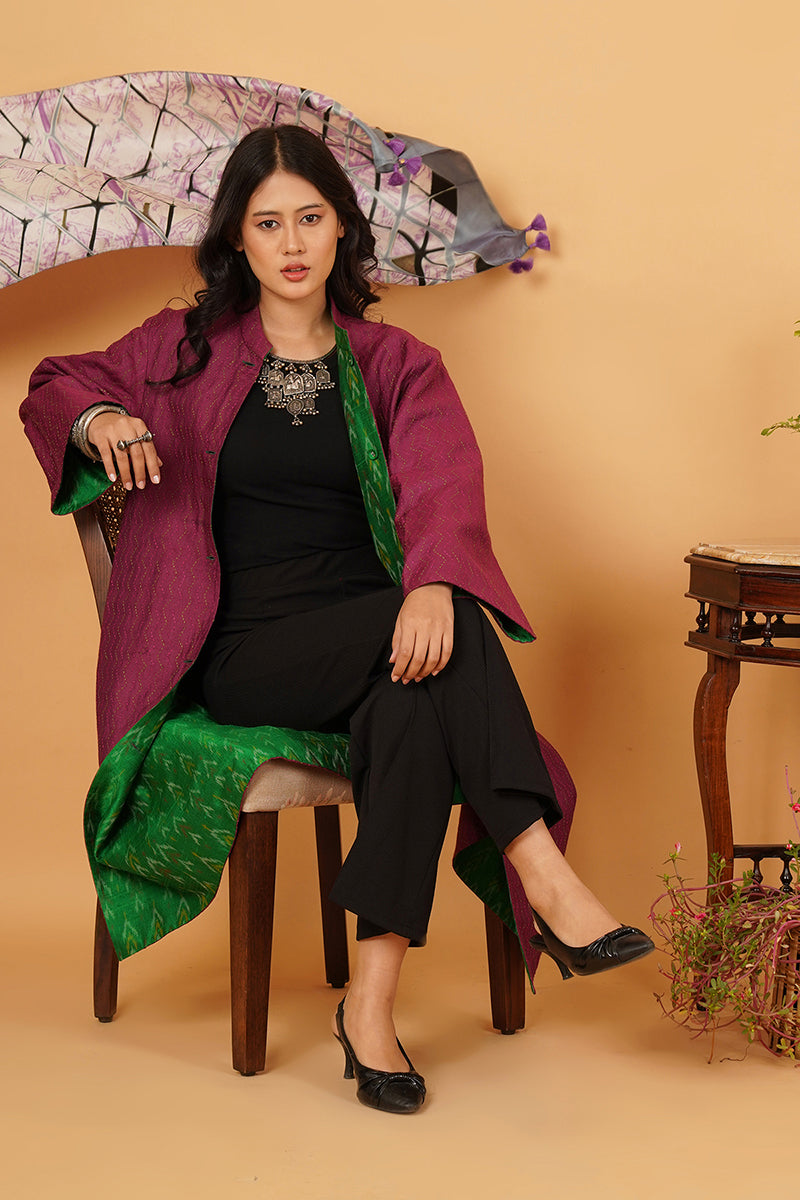 PINK GREEN KANTHA SILK LONG JACKET